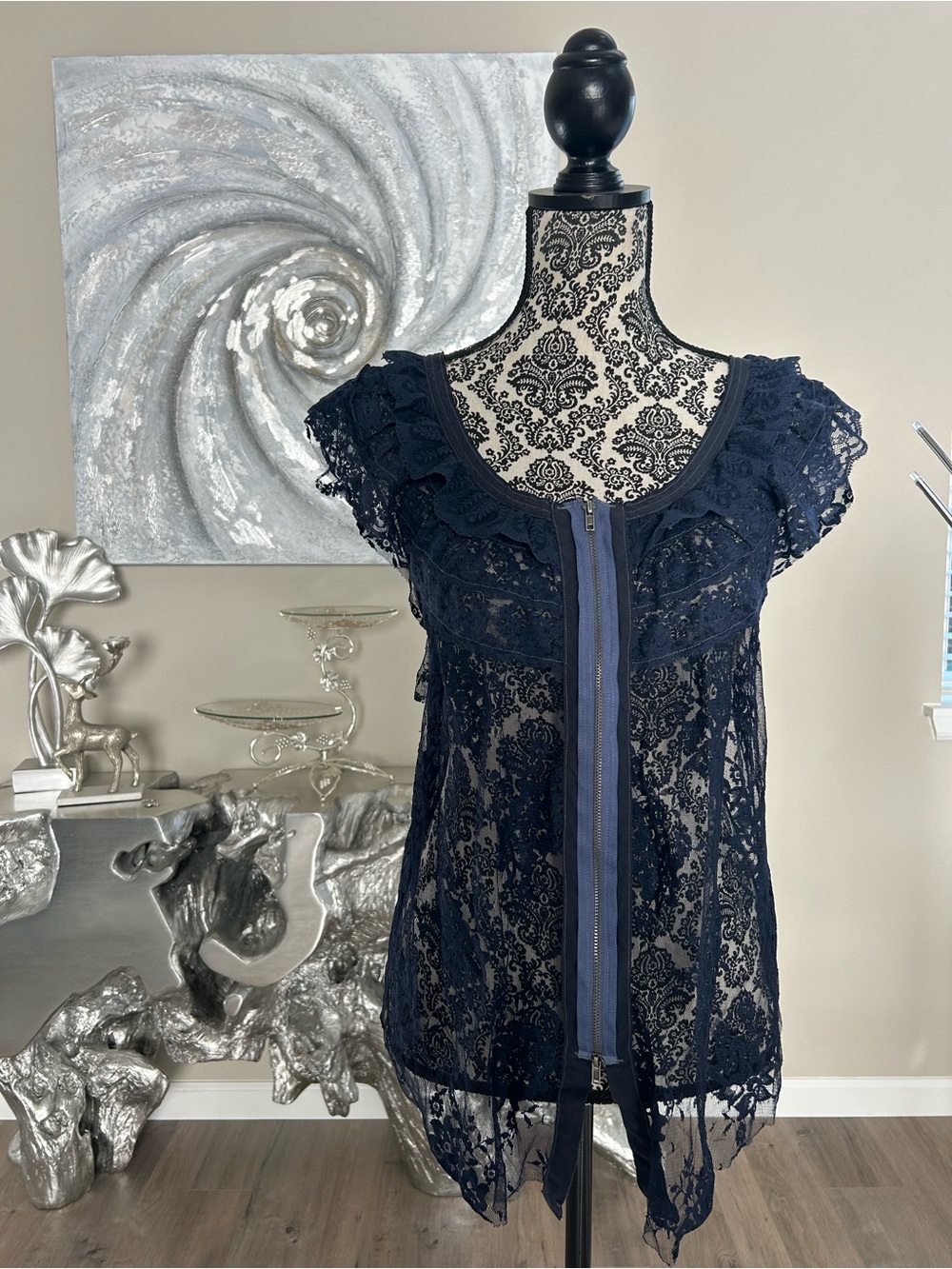 Free People navy blue lace blouse with ruffles and zipper detail S